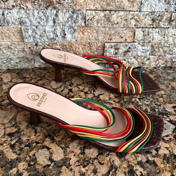 Brother Vellies Leather Slides Yellow * Green * Red Striped - Picture 4 of 10